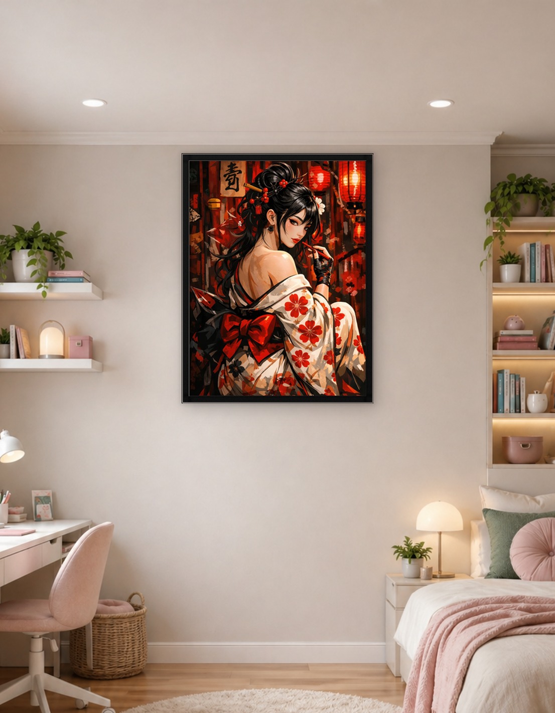 Geisha with Red Flowers and Lanterns