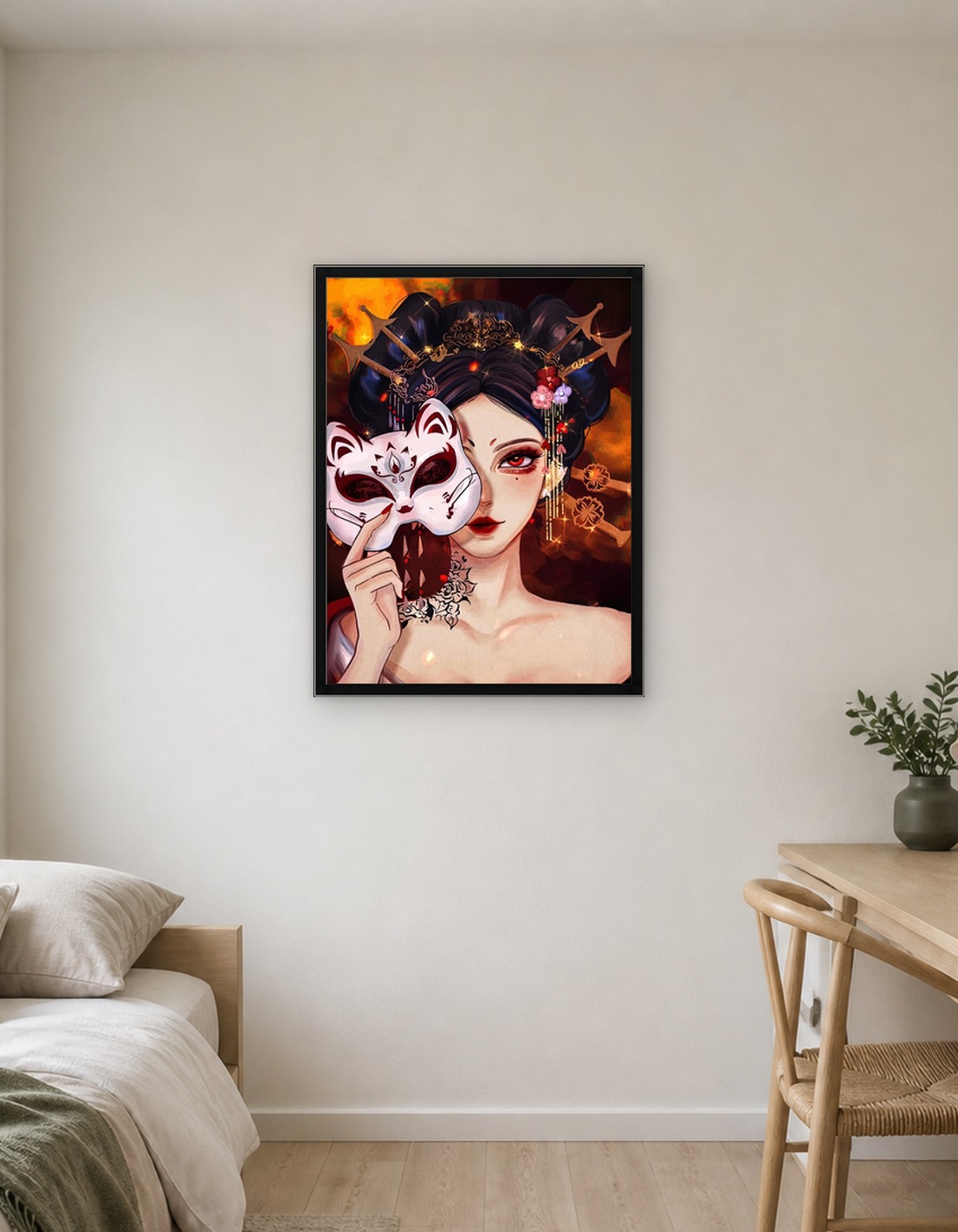 Geisha with Kitsune Mask Digital Art