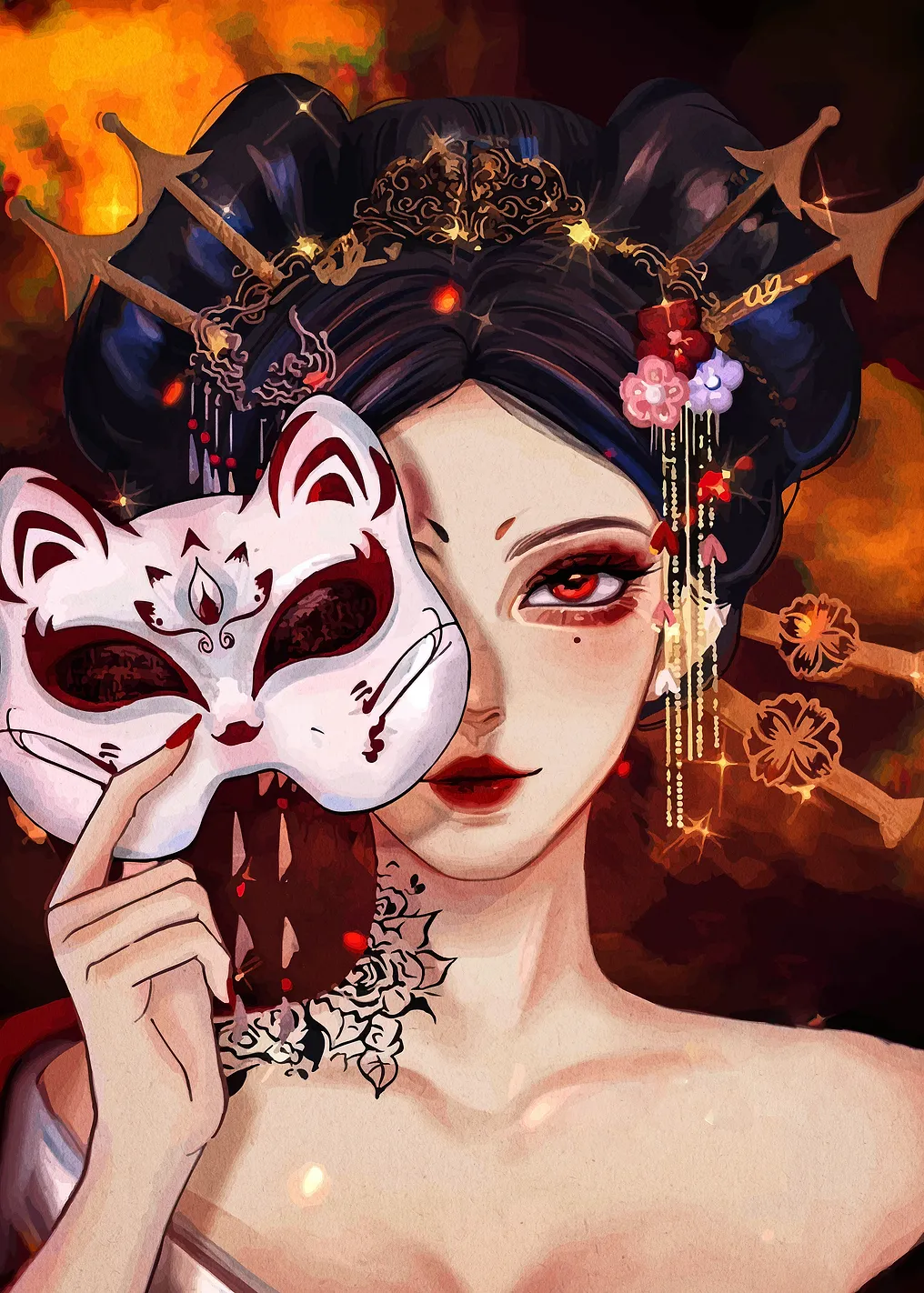 Geisha with Kitsune Mask Digital Art