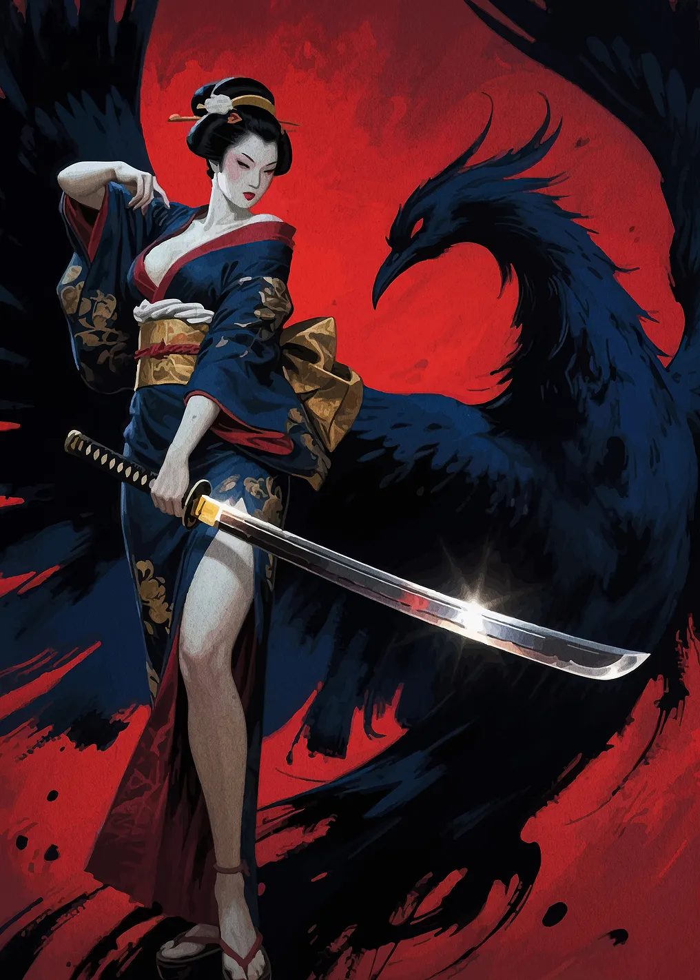 Geisha with Sword and Raven