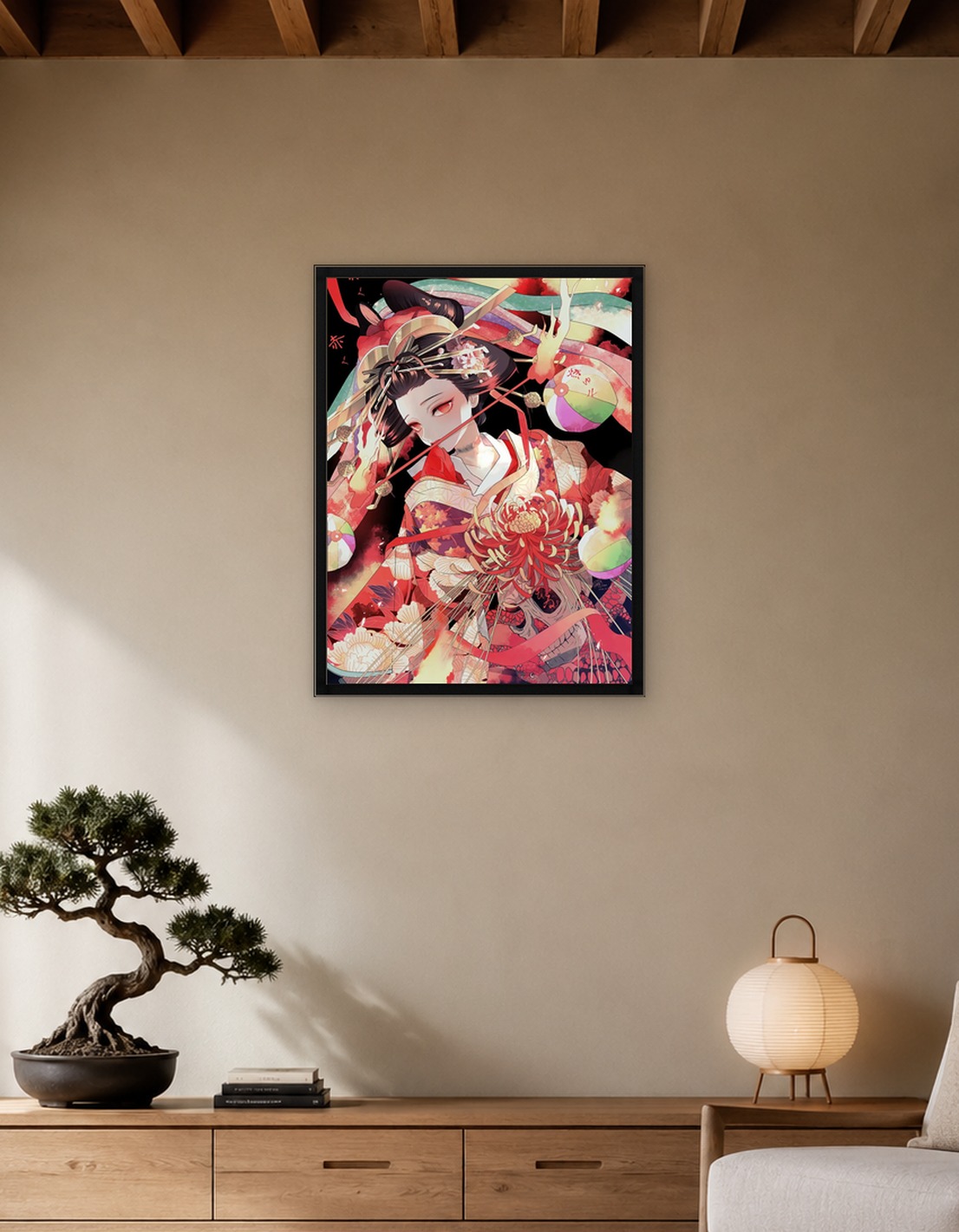 Geisha with Chrysanthemum and Japanese Elements