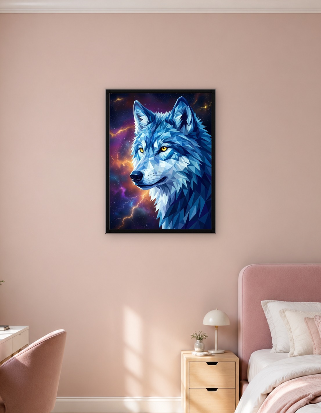 Geometric Wolf Portrait with Cosmic Background