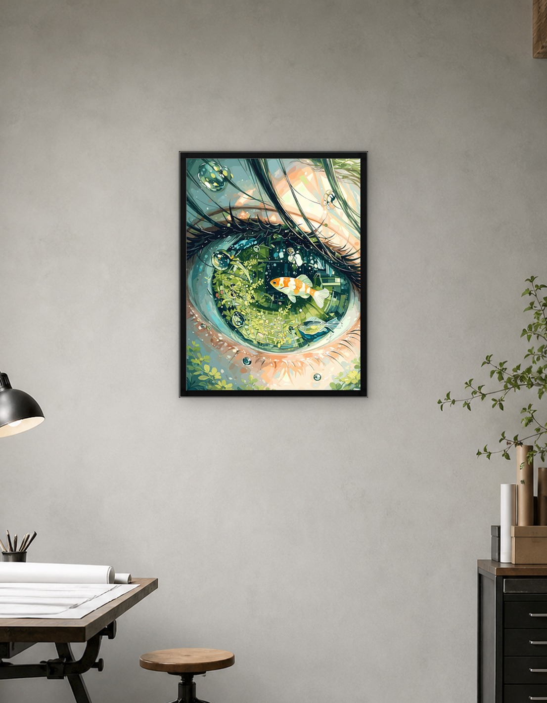 Eye reflecting an underwater garden
