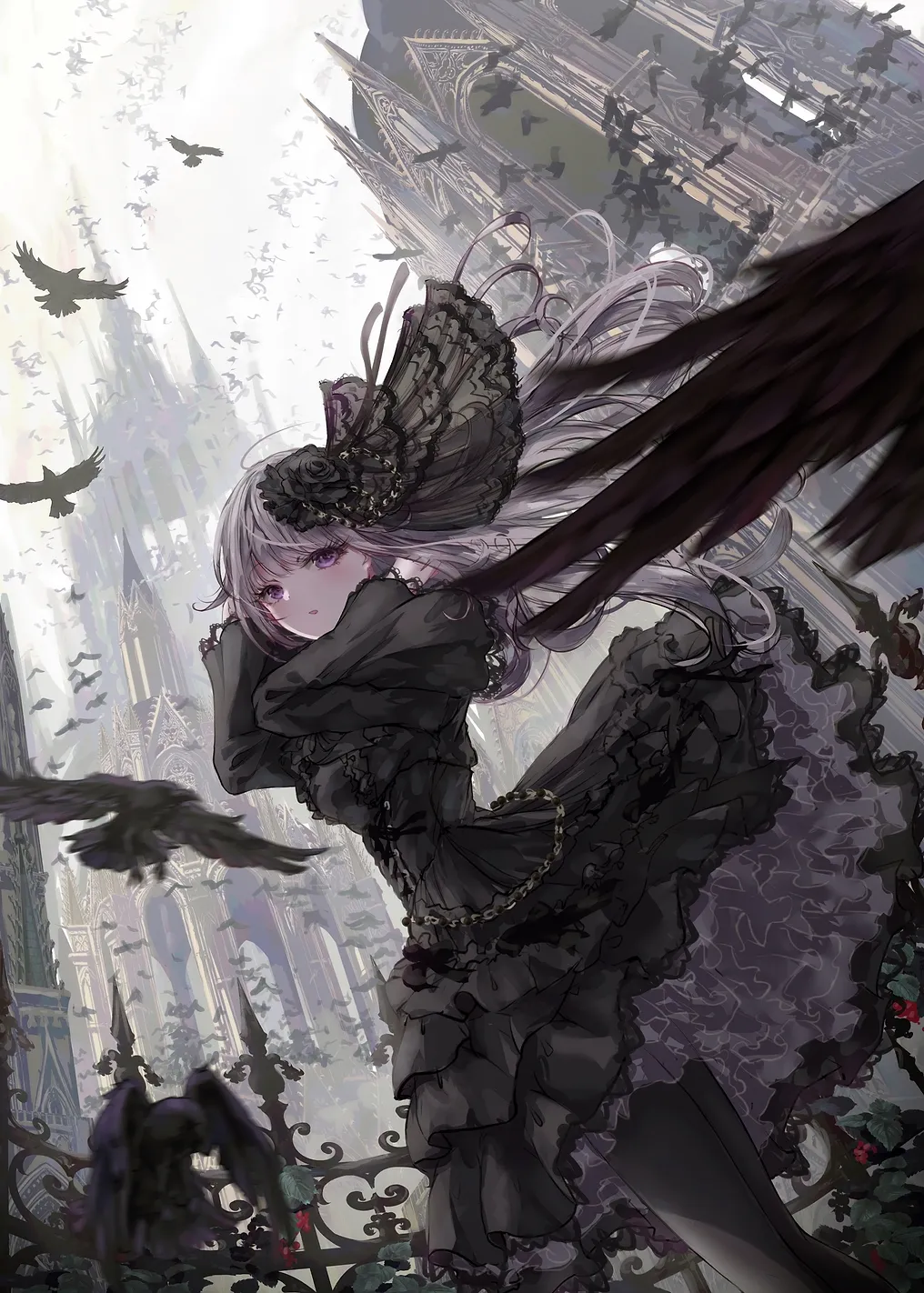 Gothic Anime Girl with Ravens