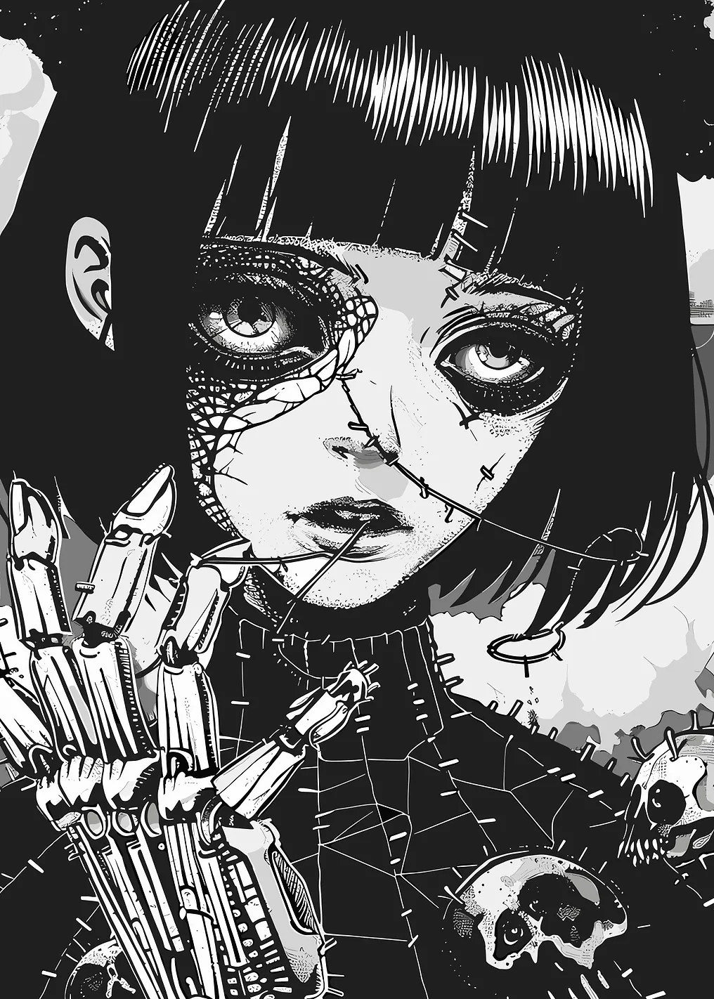 Gothic Anime Girl with Mechanical Hand