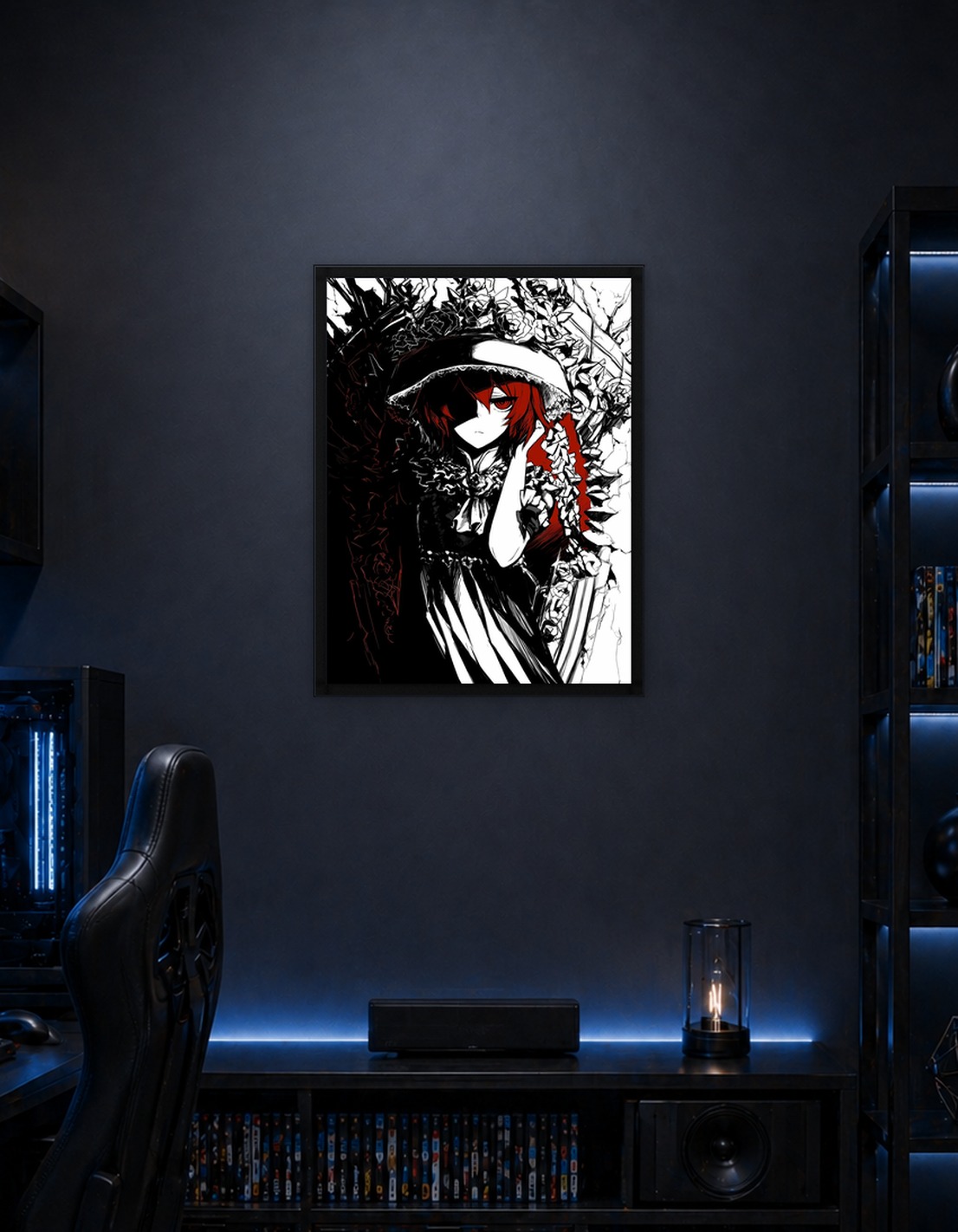 Gothic Anime Girl with Red Hair and Roses