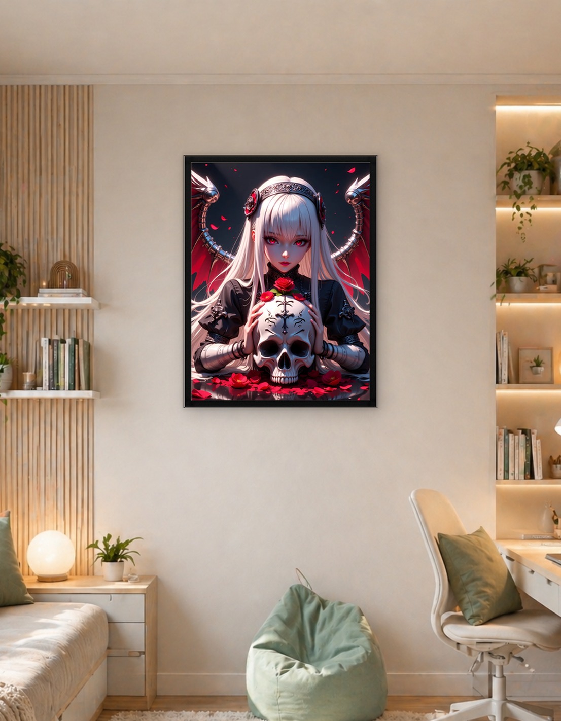 Gothic Anime Girl with Skull and Roses