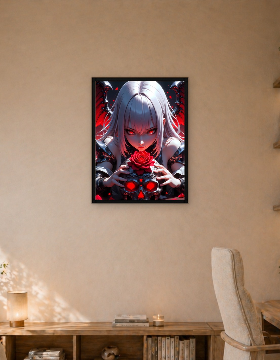 Gothic Anime Girl with Skull and Rose
