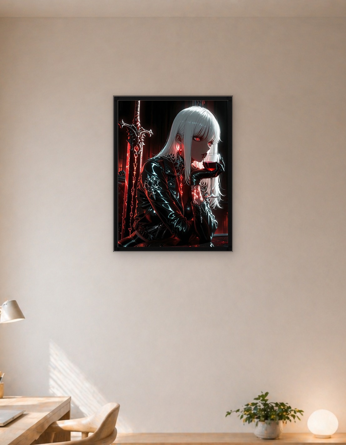 Gothic Anime Woman with Sword and Wine