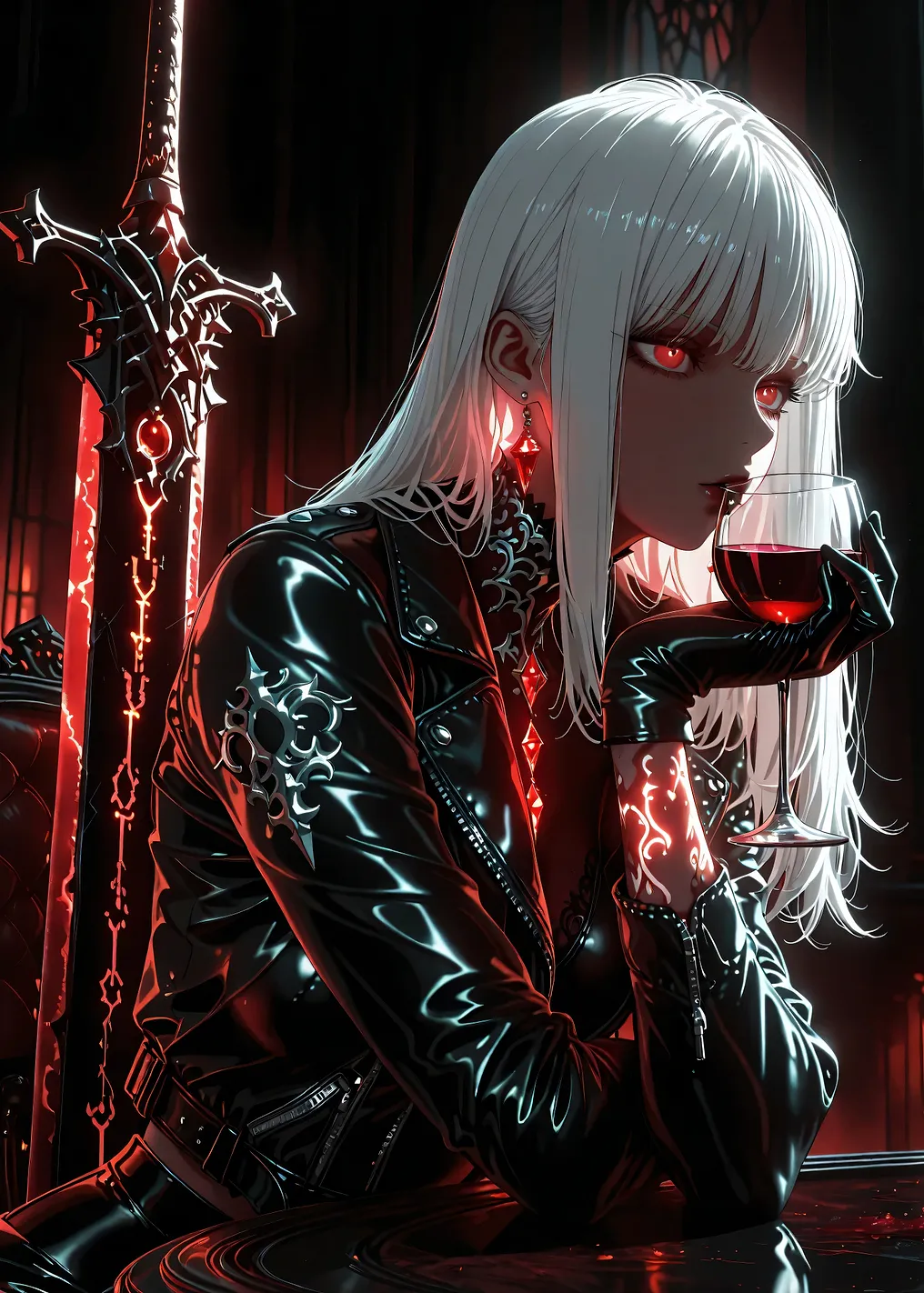 Gothic Anime Woman with Sword and Wine