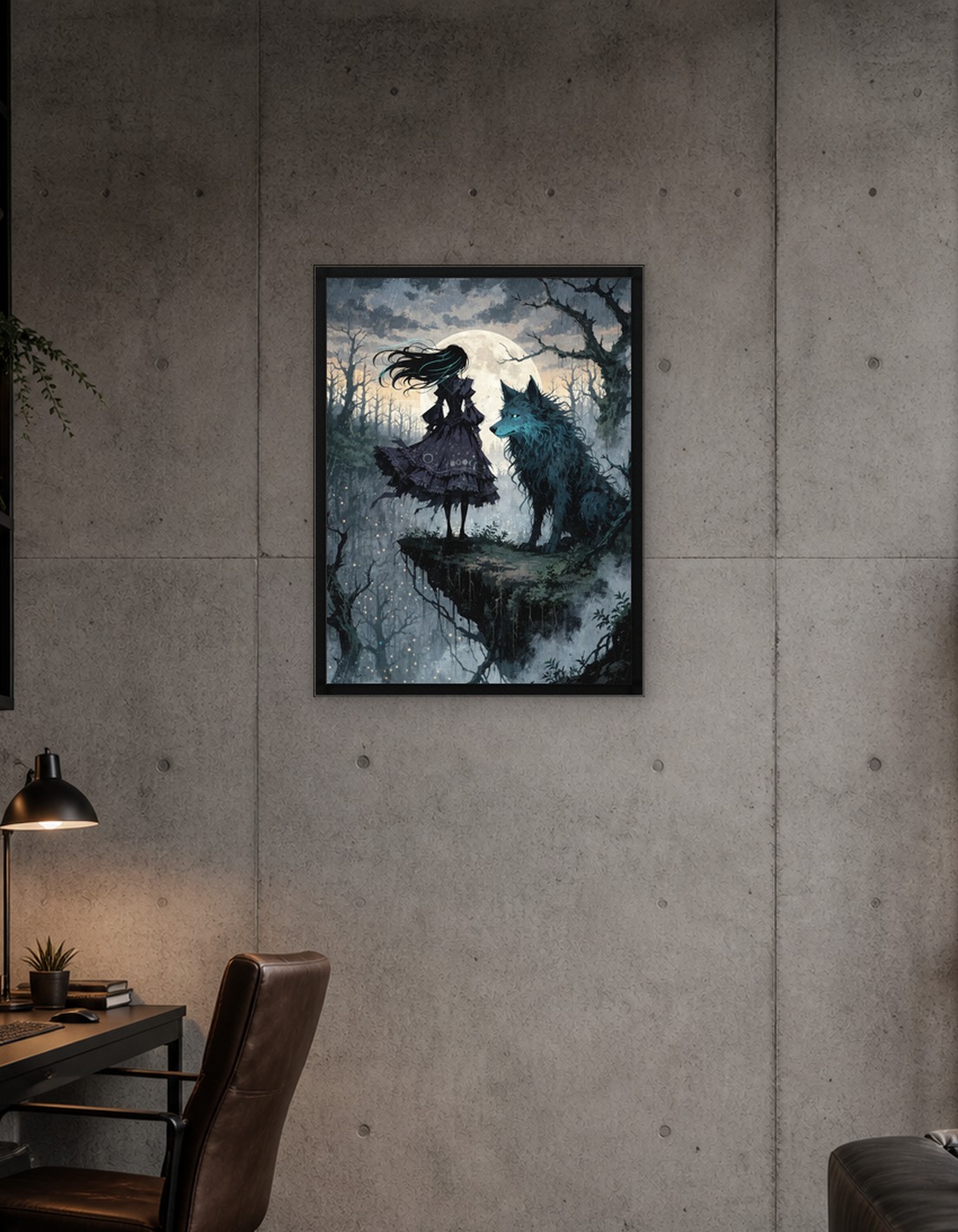 Gothic Girl and Wolf Under the Moon