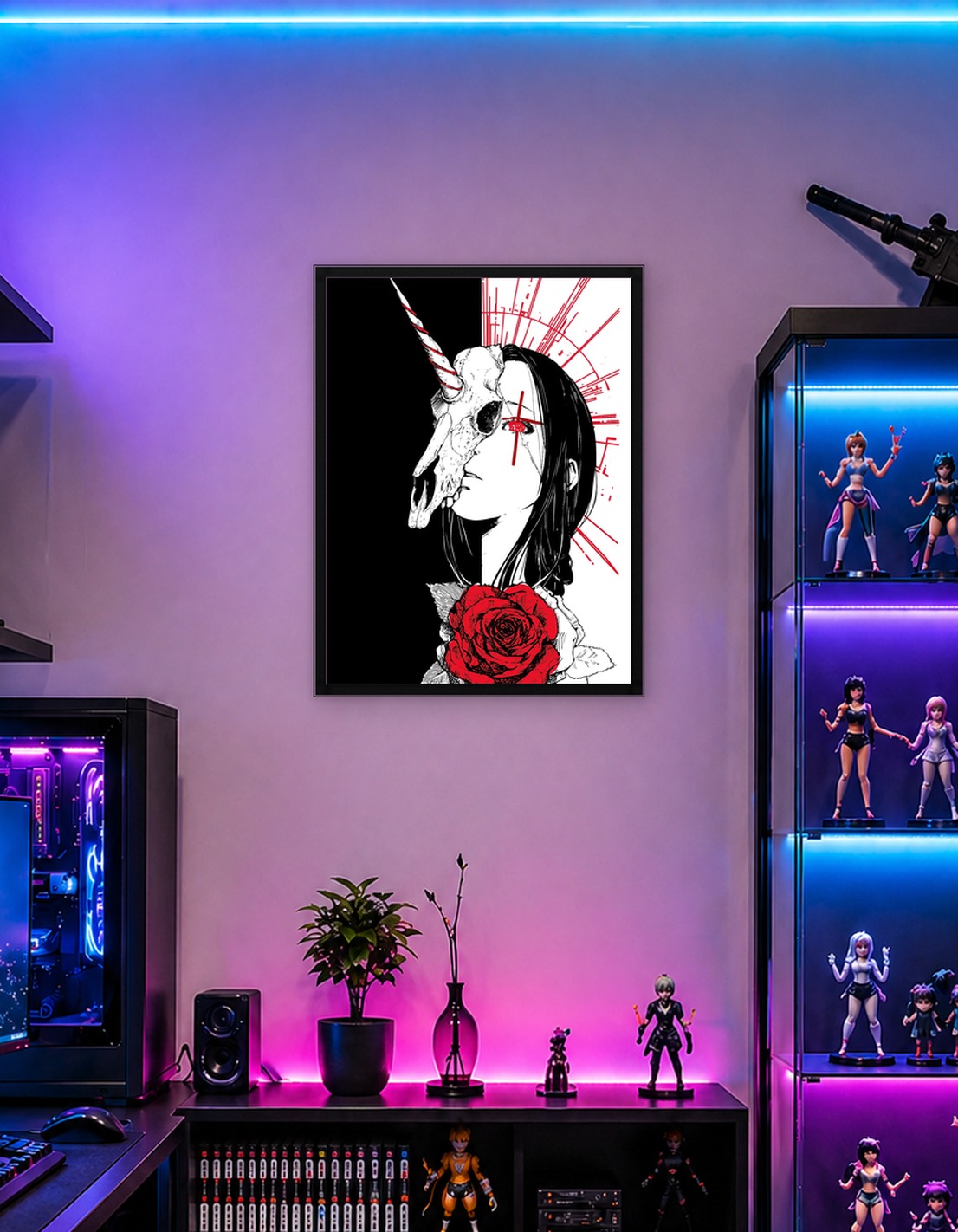 Gothic Unicorn Skull Girl with Rose