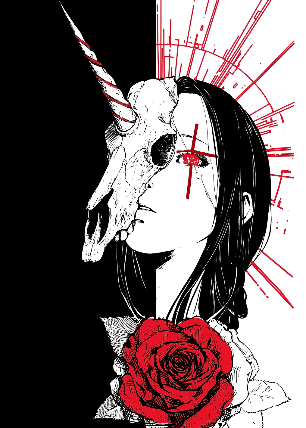 Gothic Unicorn Skull Girl with Rose