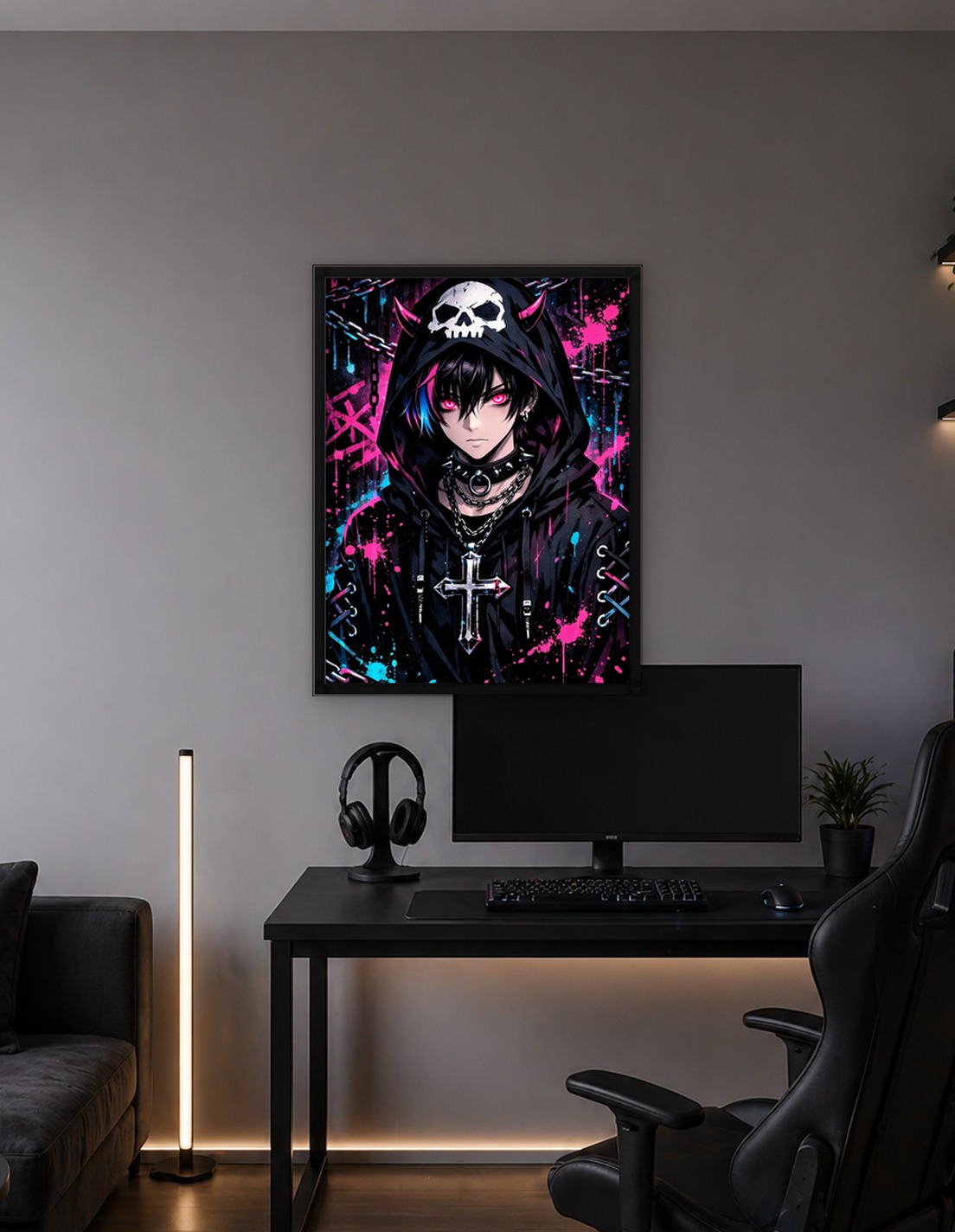 Gothic Anime Character with Skull Hoodie