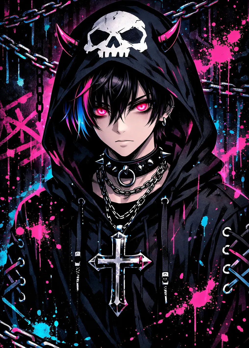 Gothic Anime Character with Skull Hoodie