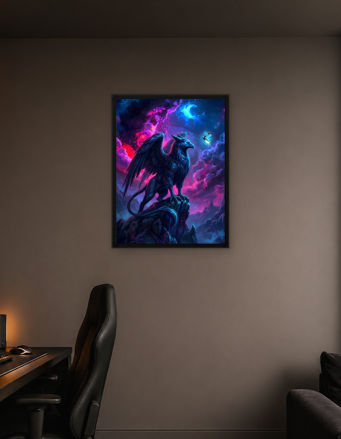 Griffin and Firefly in Fantasy Landscape