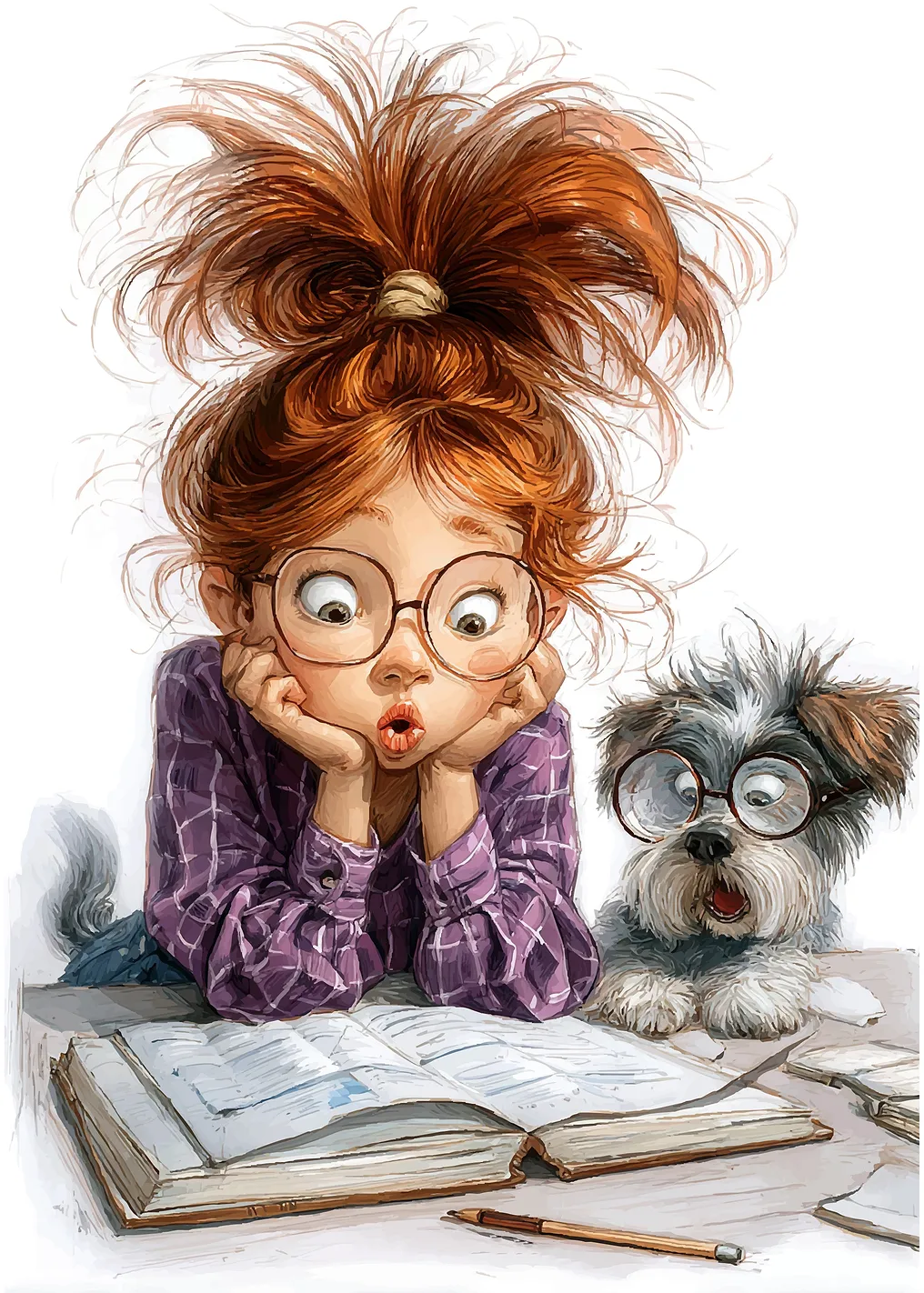 Girl and Dog Studying with Glasses