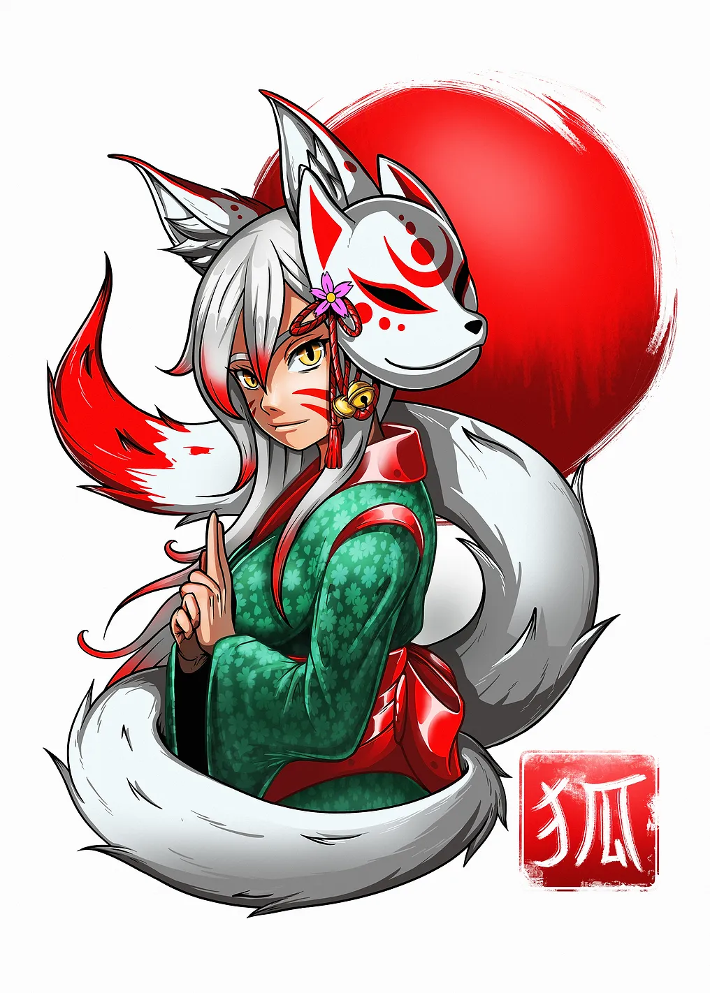 Kitsune Girl with Mask and Red Sun