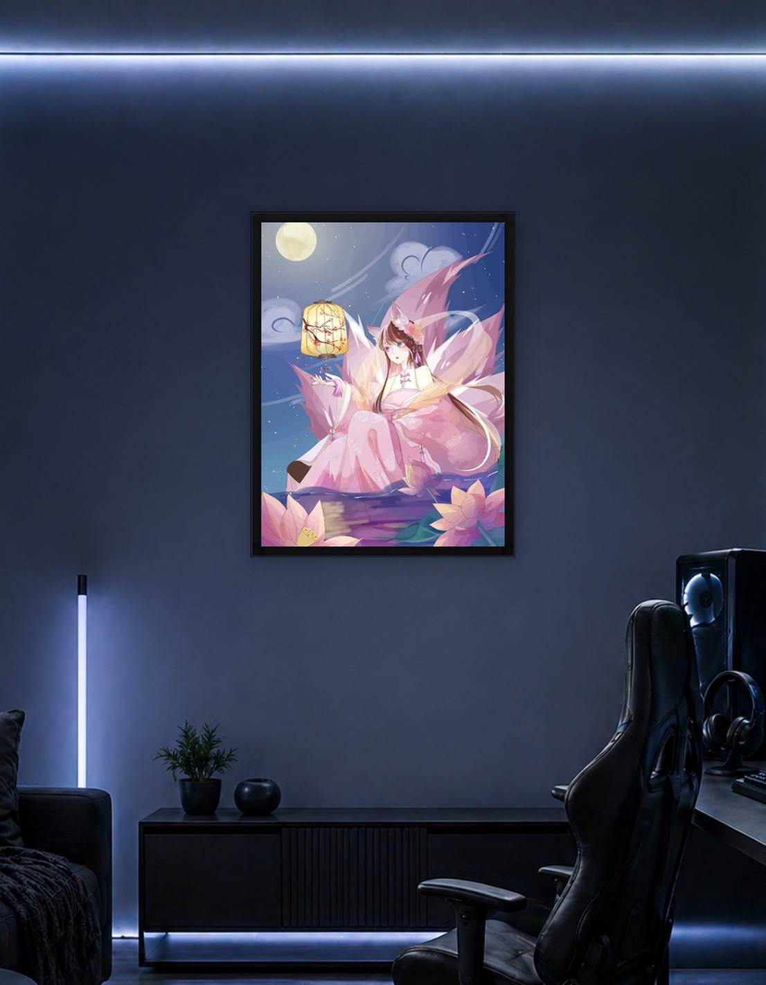 Kitsune Girl with Lantern by Moonlit Pond