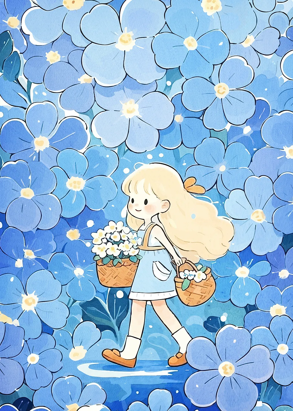 Girl Blue Flower Garden