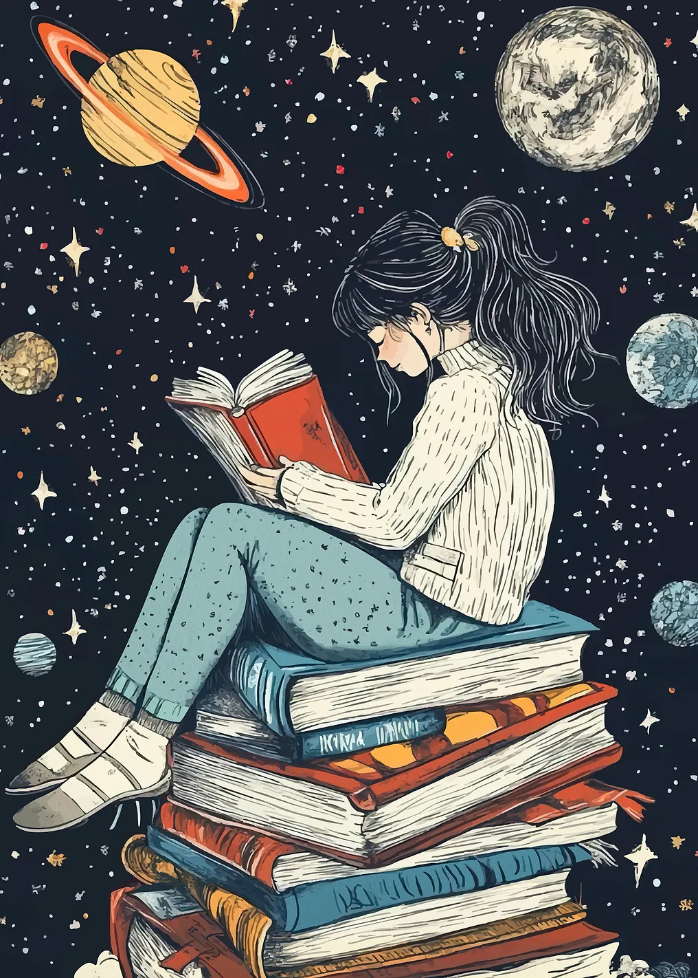 Девушка Чтение Книг Пространстве