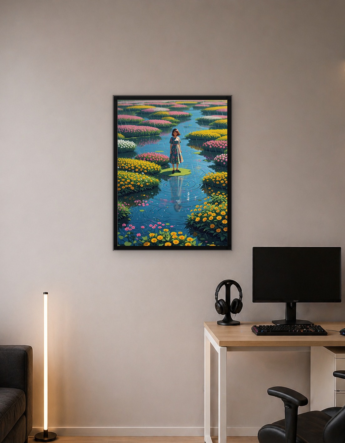 Girl in Rainy Floral Landscape