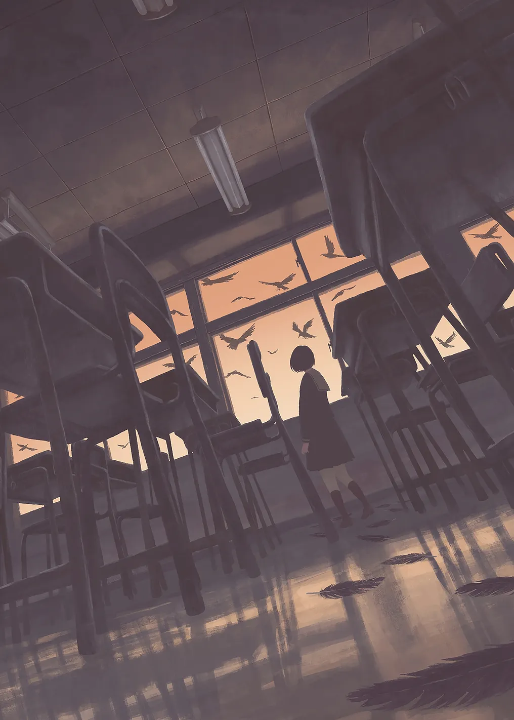 Girl in classroom with birds outside