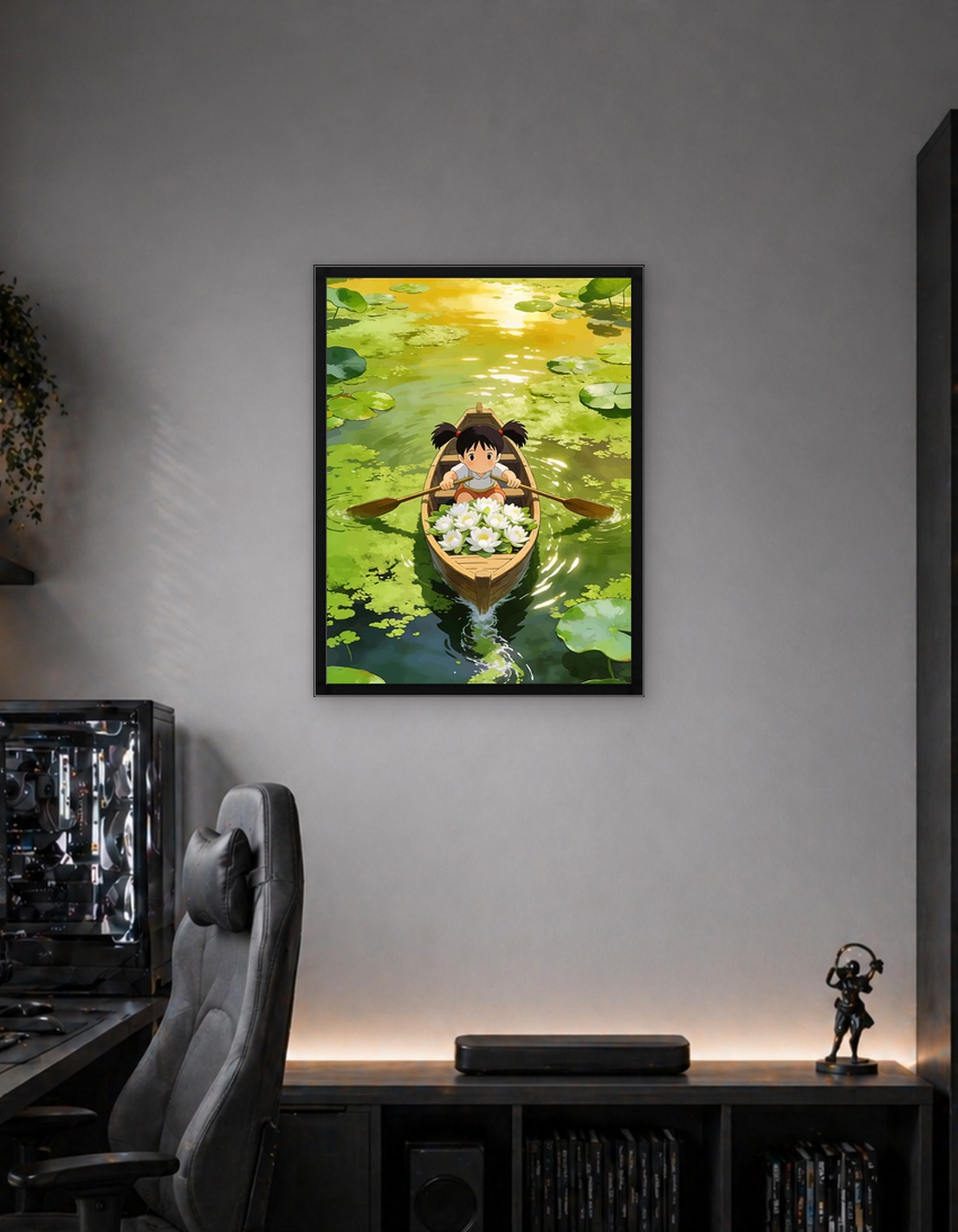 Girl in a boat with water lilies
