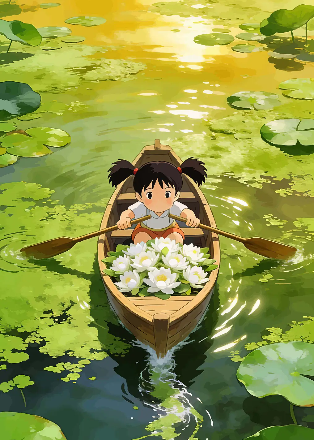 Girl in a boat with water lilies