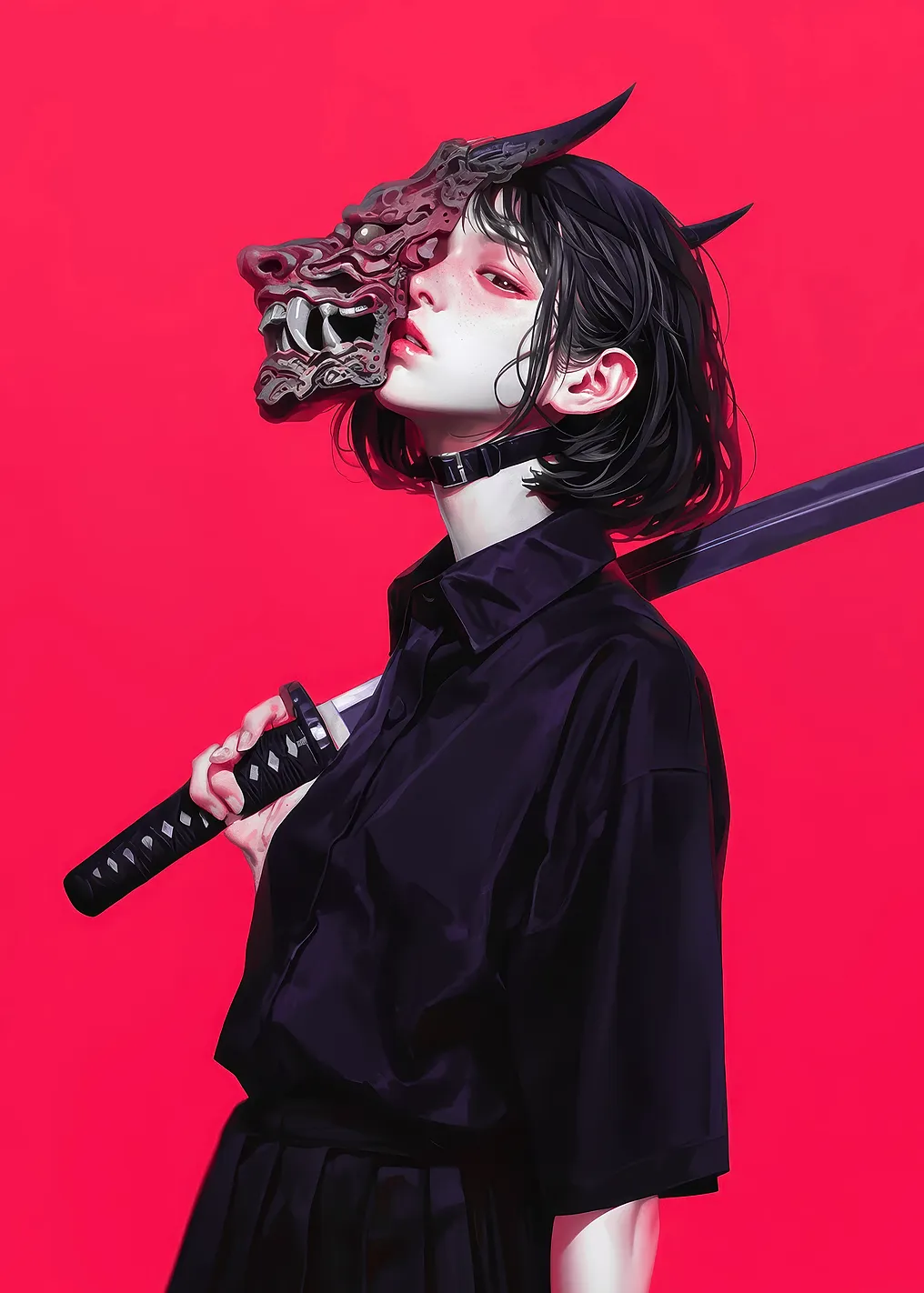 Girl with Oni Mask and Katana