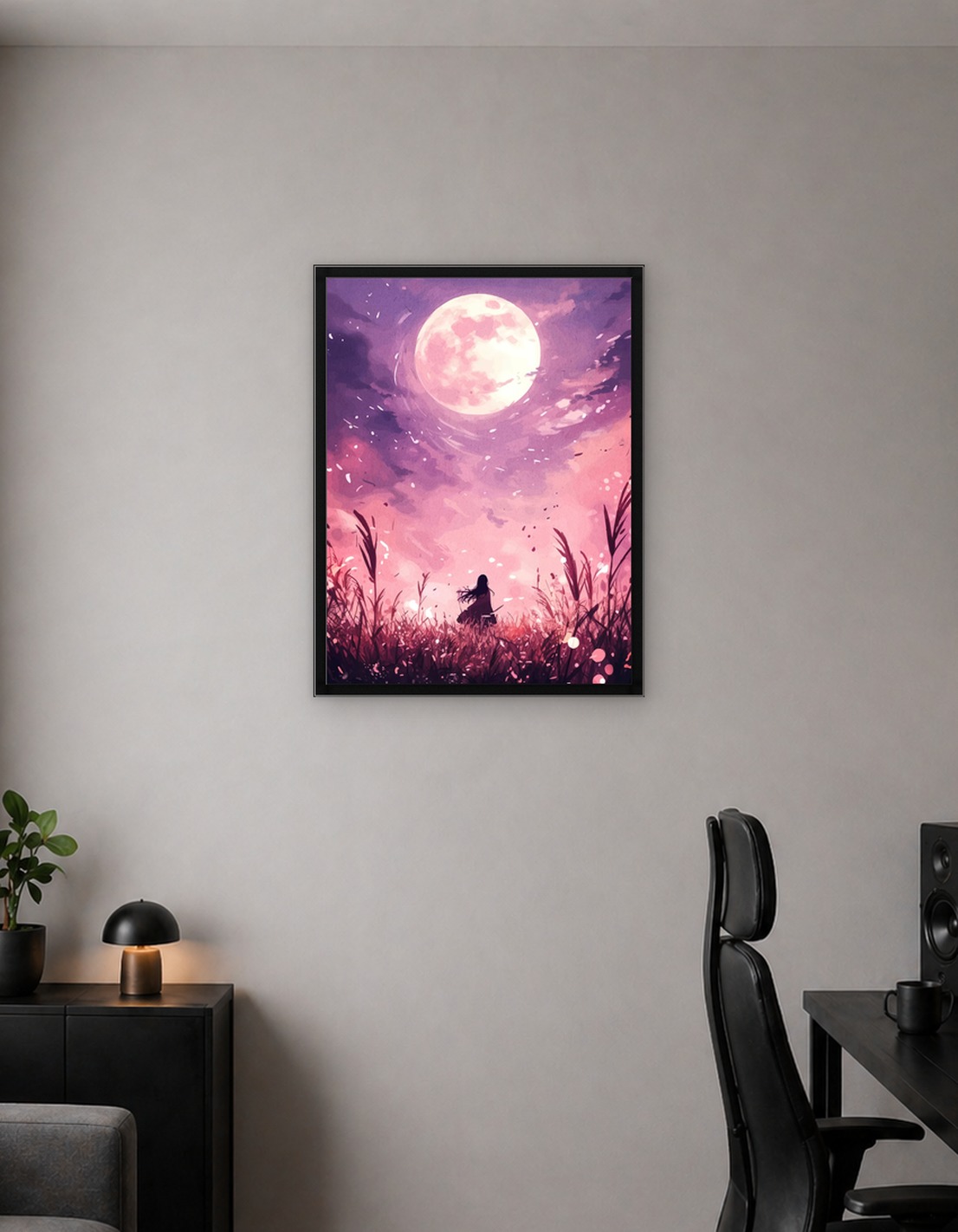 Girl in a field under a pink moon
