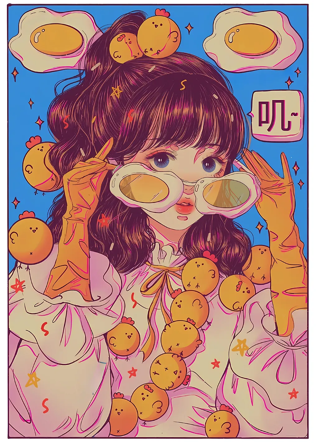 Girl with Egg Sunglasses and Chickens