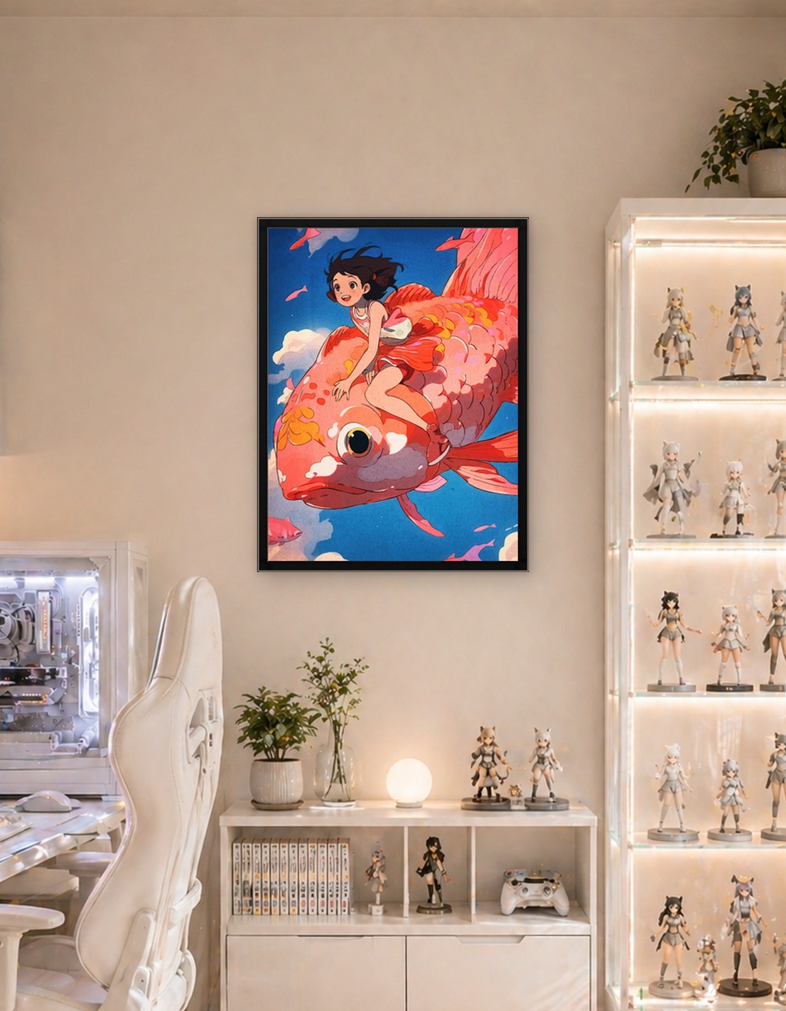 Girl Riding a Giant Goldfish in Sky