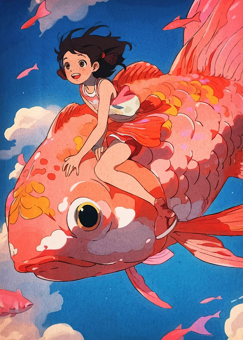 Girl Riding a Giant Goldfish in Sky
