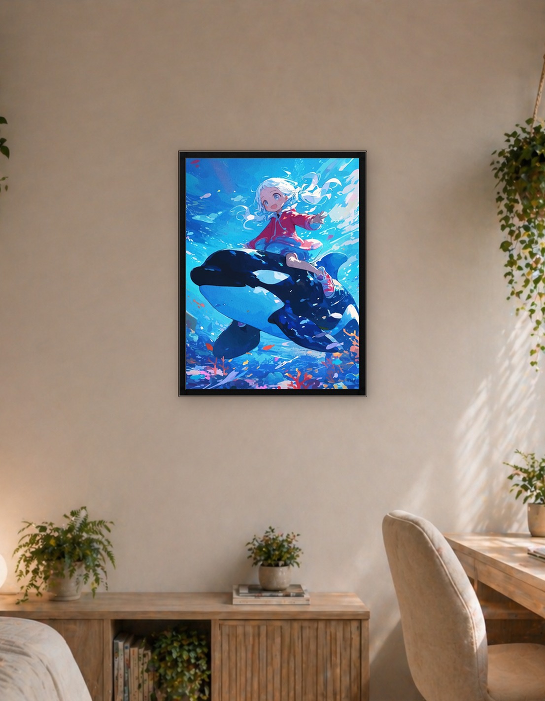 Girl riding orca in ocean art