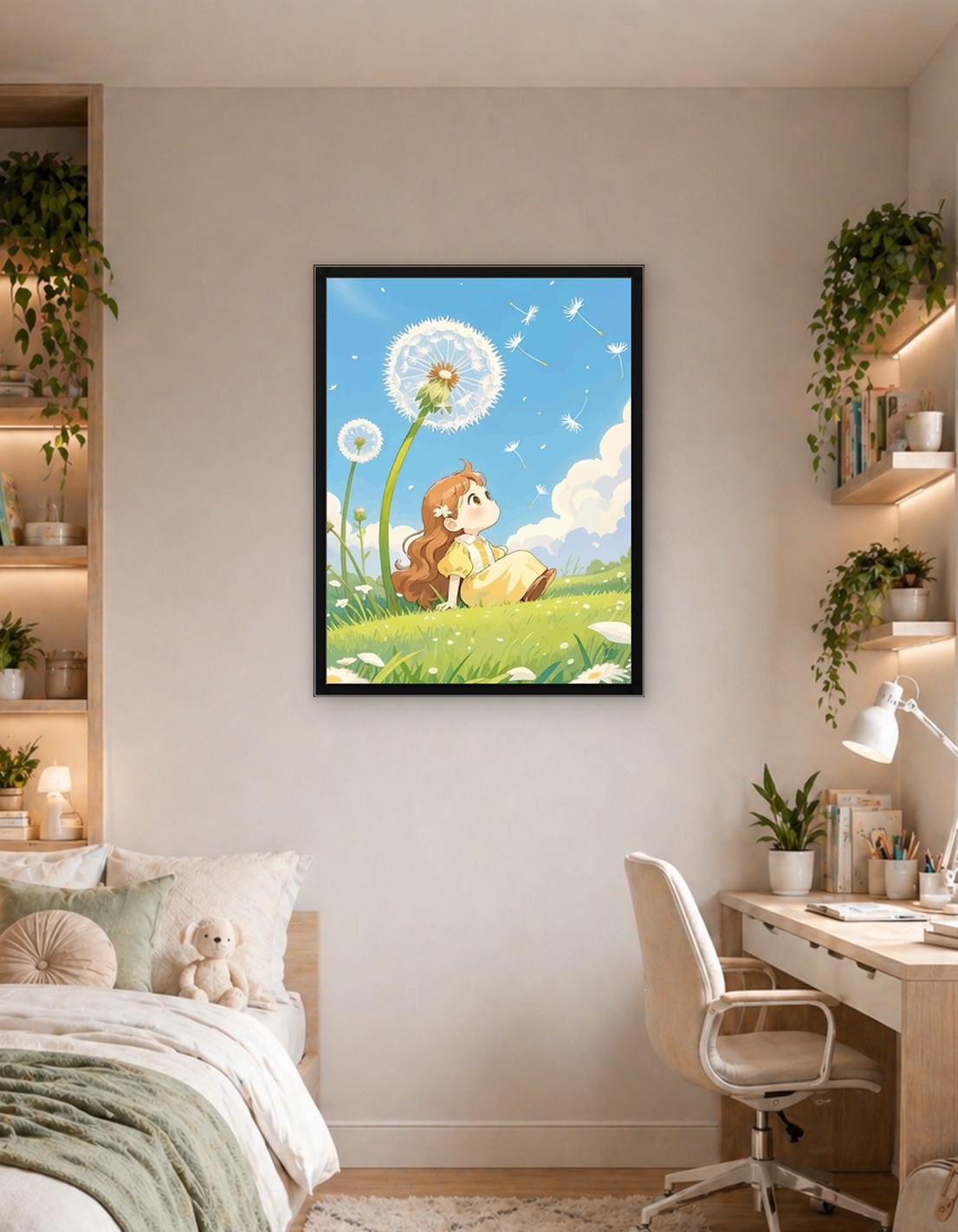 Girl blowing dandelion seeds in a field