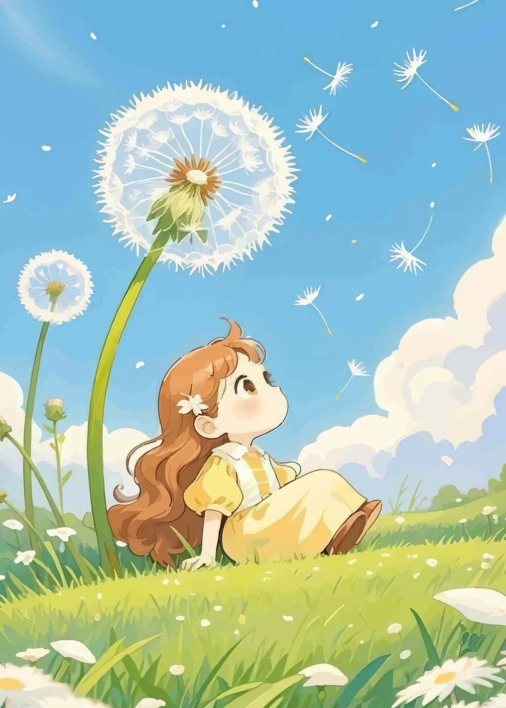 Girl blowing dandelion seeds in a field