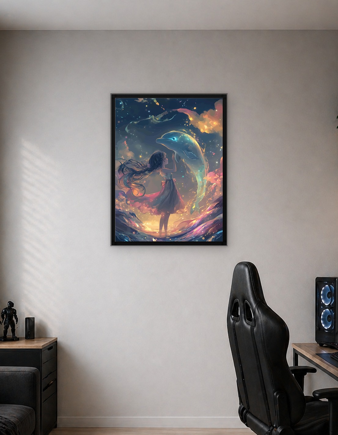 Girl and Dolphin in Cosmic Sea