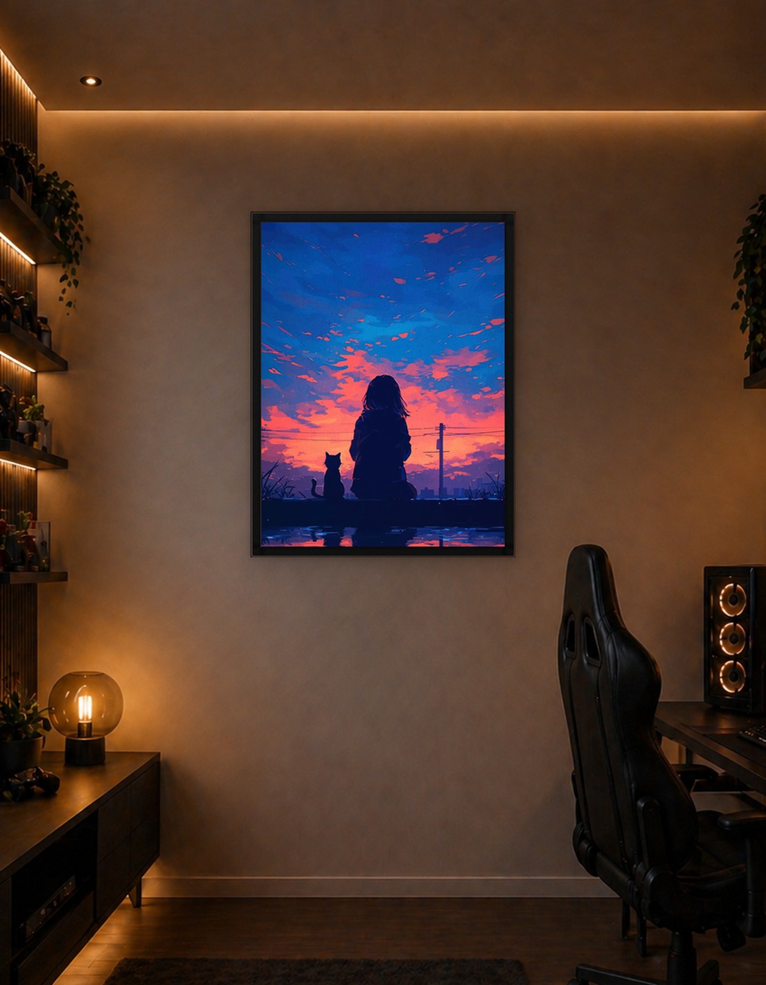 Girl and Cat at Sunset - 8770483