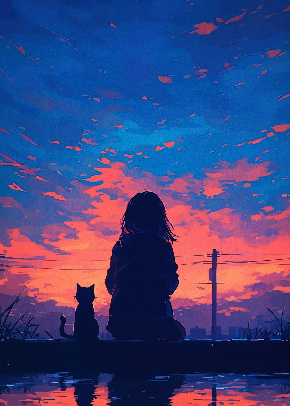 Girl and Cat at Sunset - 8770483
