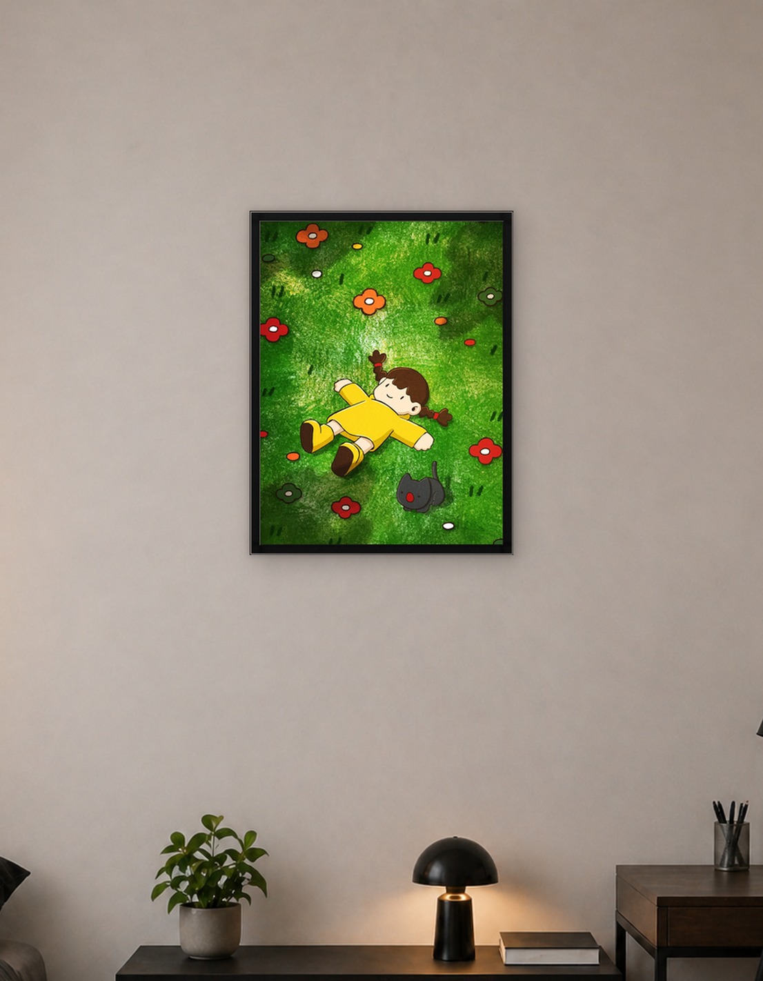 Girl and Cat in Flower Meadow - 9271738