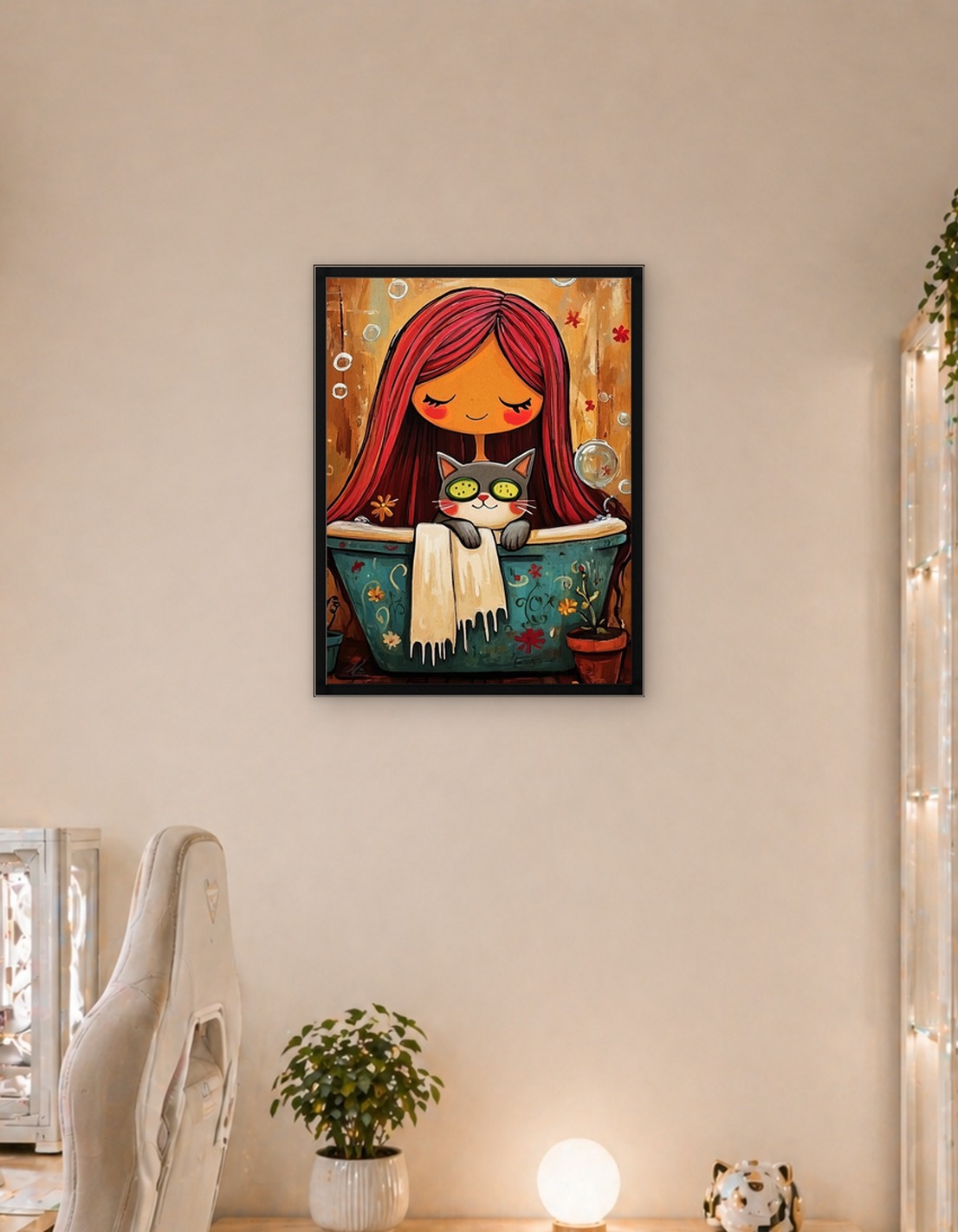 Girl and Cat Relaxing in Bathtub