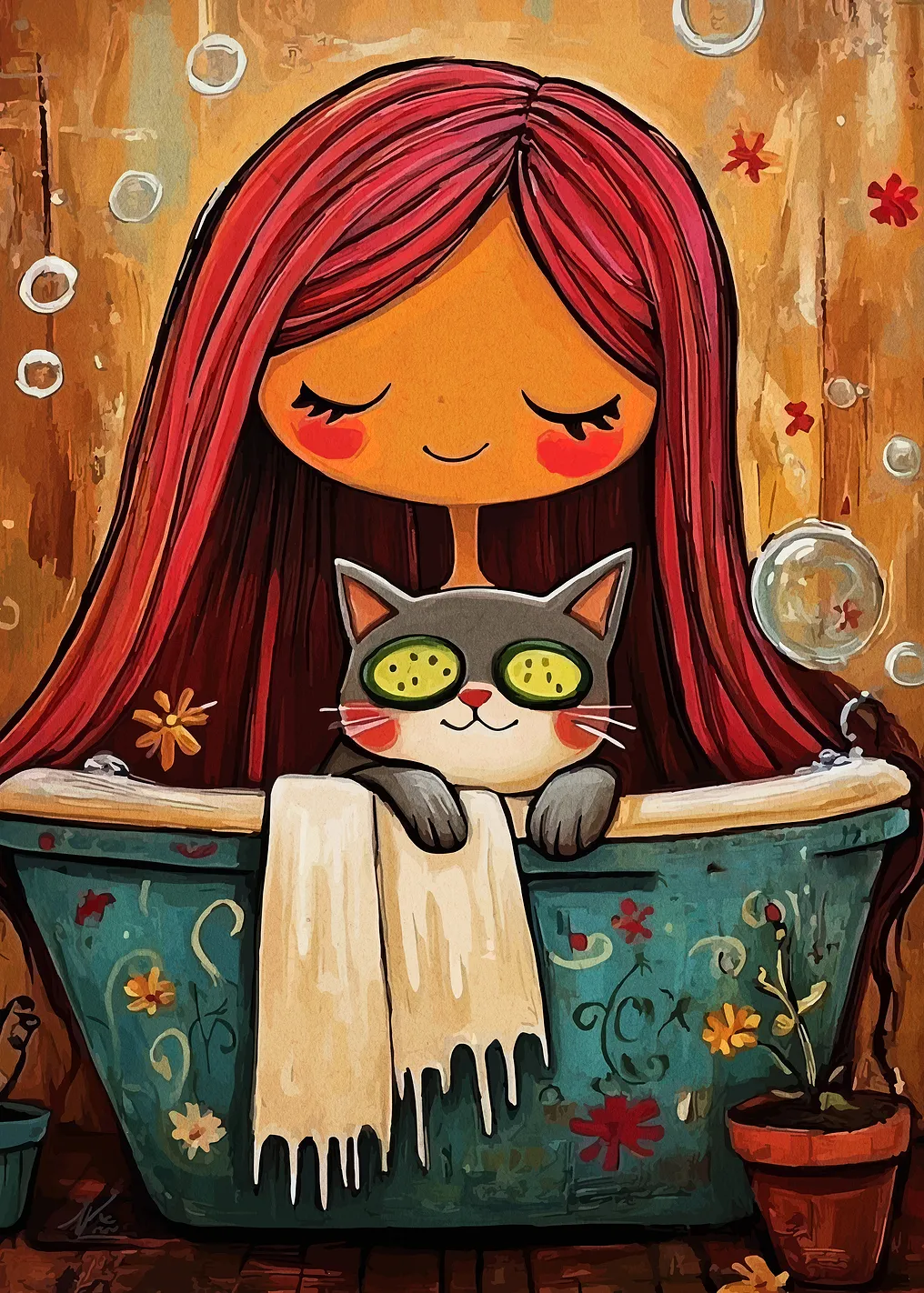 Girl and Cat Relaxing in Bathtub