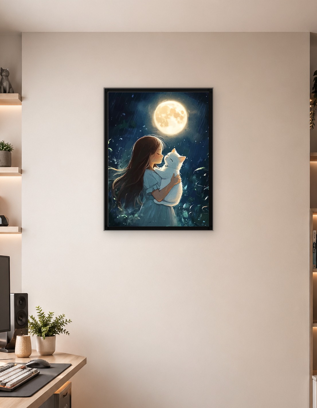 Girl and Cat Under Moonlight