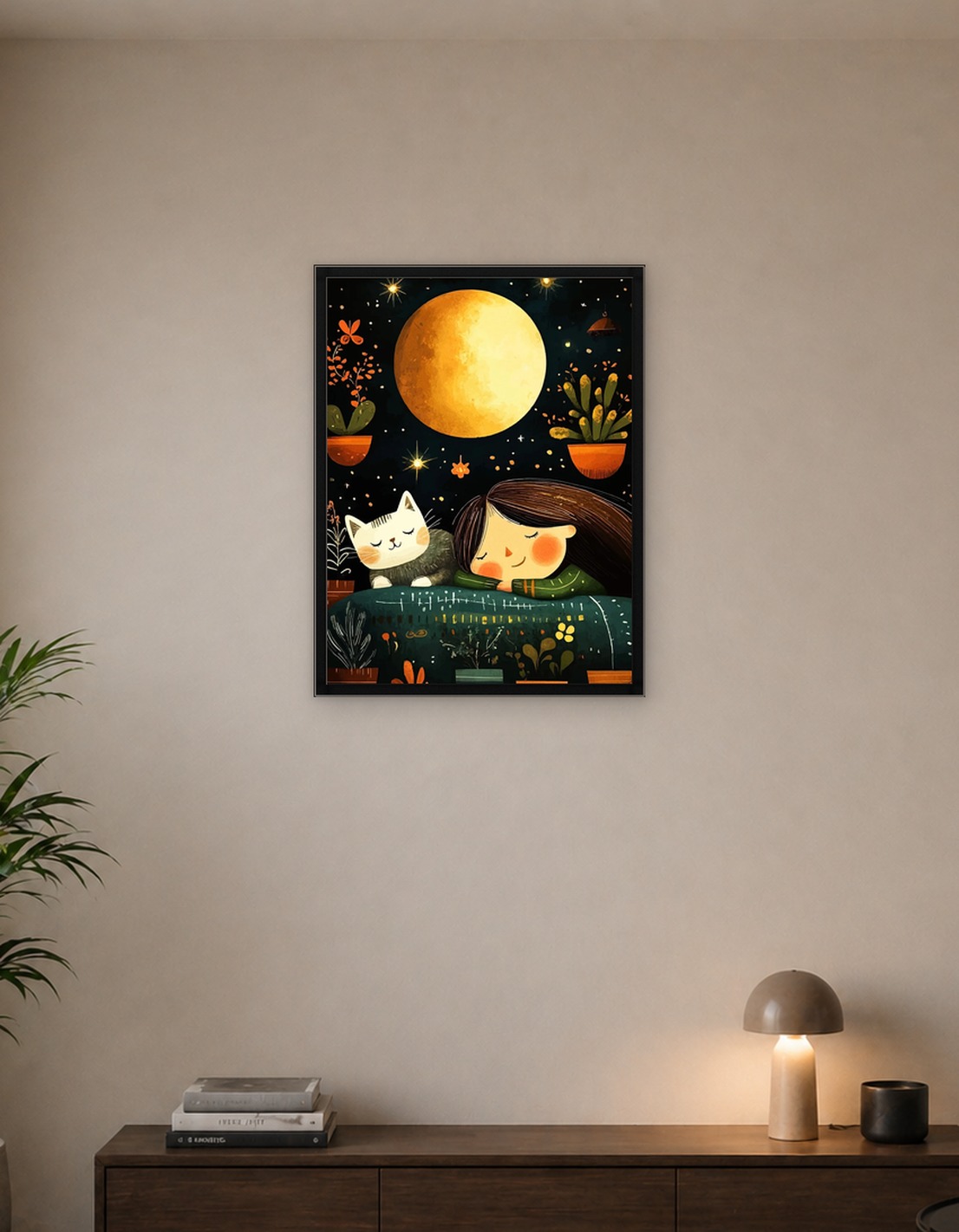 Girl and Cat Sleeping Under Moon