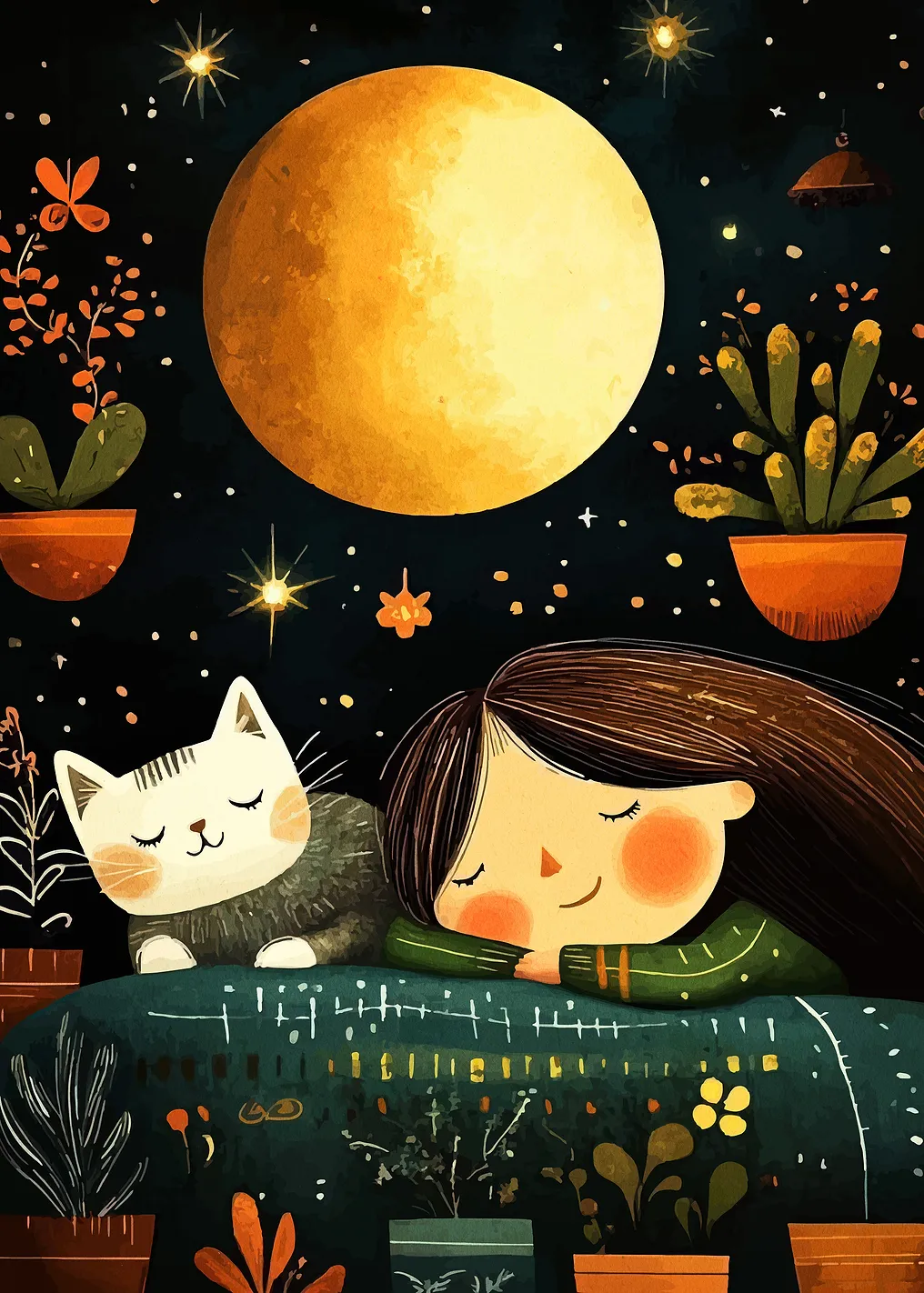 Girl and Cat Sleeping Under Moon