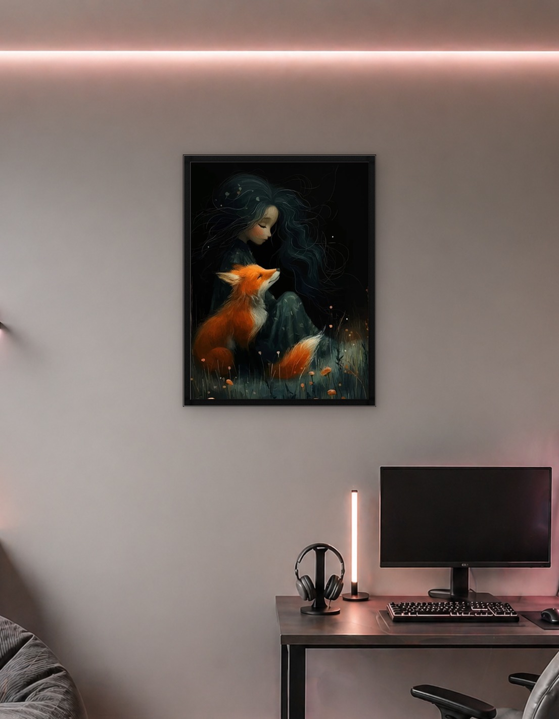 Girl and Fox in Dark Forest