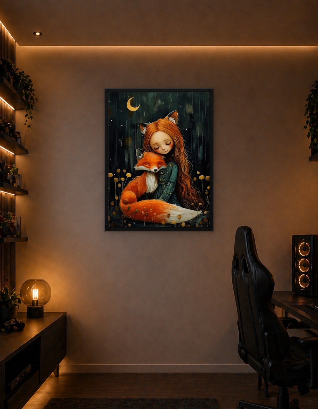 Girl and Fox Cuddle Under Moon