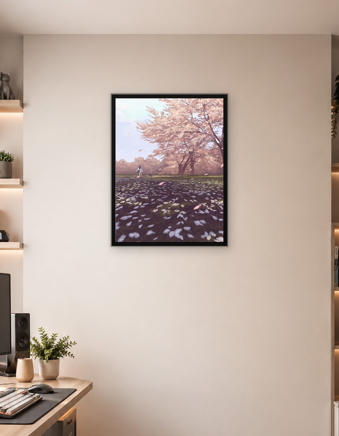 Girl and dog under cherry blossoms