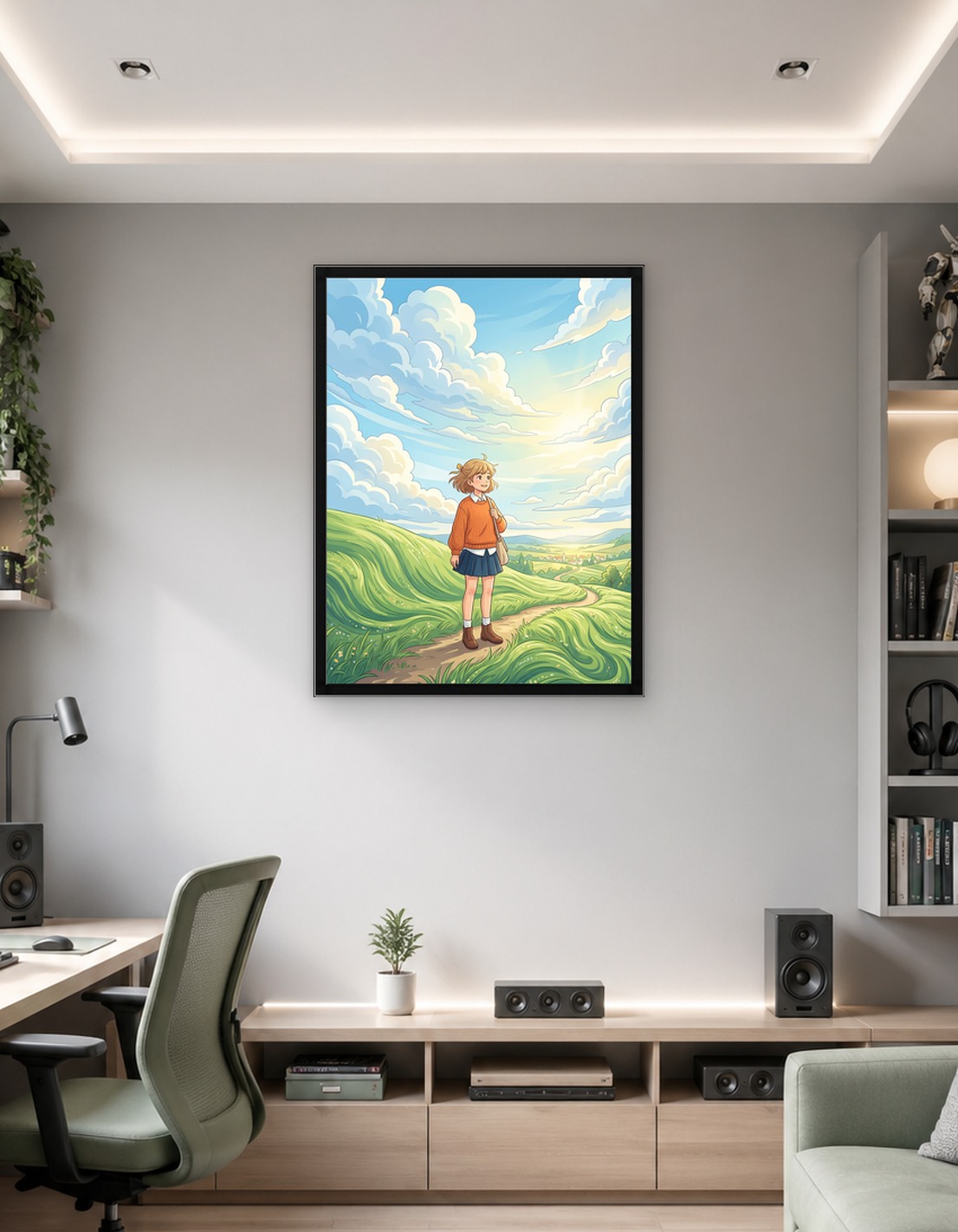 Girl walking on a path in a green landscape